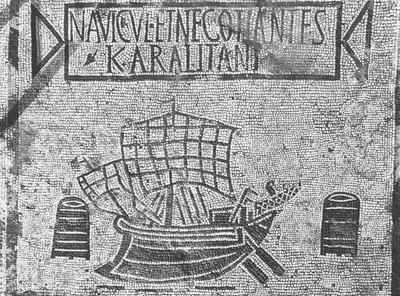 Pavement detail from the Piazzale dell Corporazioni depicting a nautical scene by Roman